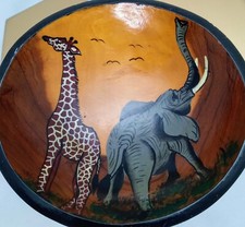 Vintage Handpainted Wood Decorative Bowl With Giraffe And Elephant