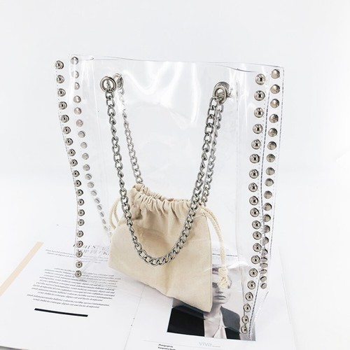 Transparent PVC Clear Shoulder tote bag Silver Studs Beige Zebra Insert Canvas - Picture 2 of 25