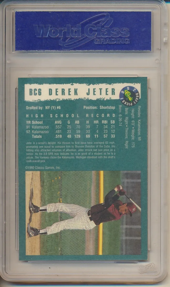 1992 Classic Derek Jeter (Draft Pick Foil Bonus) #BC6 PSA Gem Mint, Lot  #44072