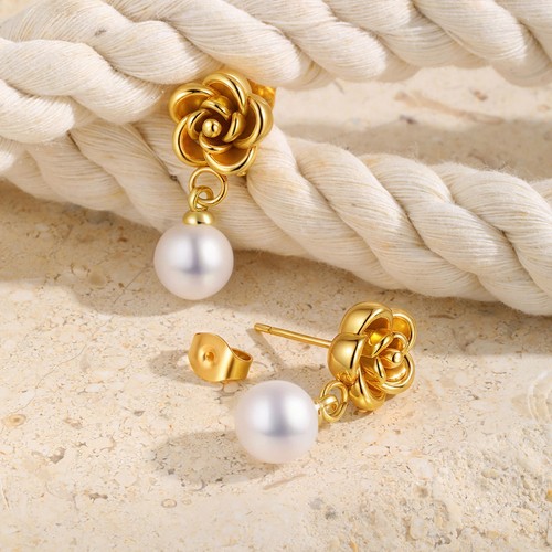 Women Stainless Steel Camellia Earrings Retro Style Shell Pearl Earrings - Picture 3 of 5