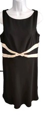 Ann Taylor Midi Dress Woman's 10 Petite Side Zip Black Creme Front Bow Garment
