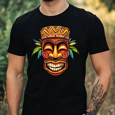 Mens Hawaiian Tiki Mask Motif Cotton T-Shirt Size XS to 5XL