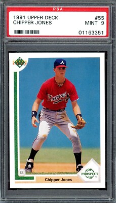 chipper jones chewing tobacco CHIPPER JONES ~ 1991 Upper Deck Baseball Rookie Card RC #55 ~ Graded PSA 9  MINT