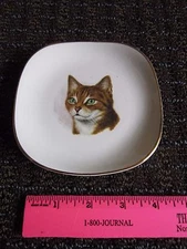 Cat Collectible Dish Vtg Brown Striped Tabby Tiger Lord Nelson Pottery Green Eye