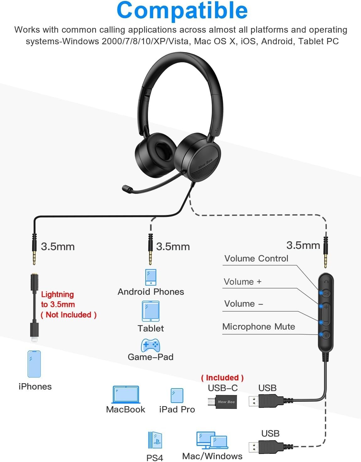 New bee H360 3.5mm/USB Wired Telephone Headset With Microphone Noise