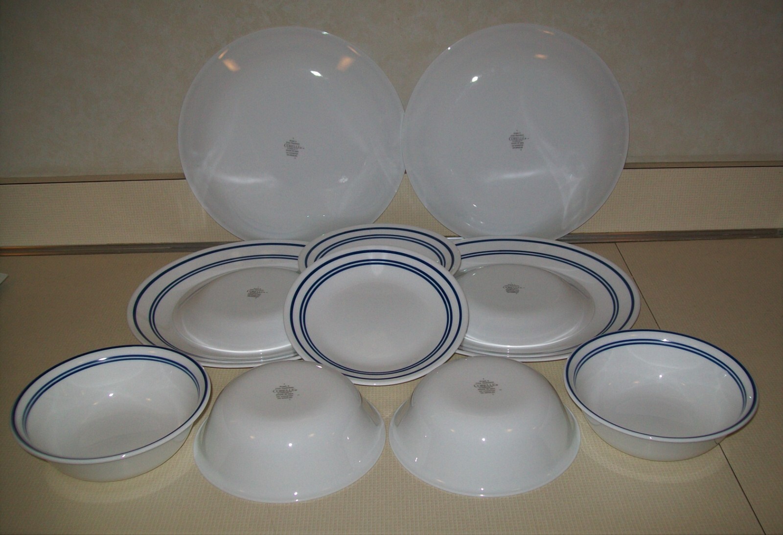 12 Pc Corelle Vitrelle  Classic Cafe Blue Stripe 4 Dinner 4 Soup 4 Dessert Set