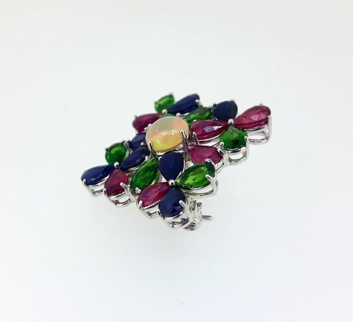 SMASHING NATURAL RUBY SAPHIRE CHROME DIOPSIDE -STERLING 925 SILVER BROCHE - Imagen 2 de 3