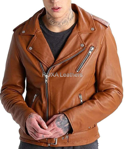 ROXA Dark Tan Leather Jacket Men's Genuine Lambskin Rider Real Waist Belted Coat - Picture 1 of 6