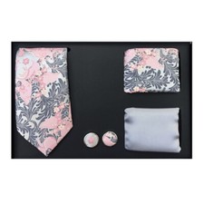 New Men's necktie solid  pattern hankie cufflinks 4 pc Gift Set Gray pink prom