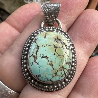 Artisan Turquoise Sterling Silver Pendant Handmade Studio Beaded Stamped Art 925