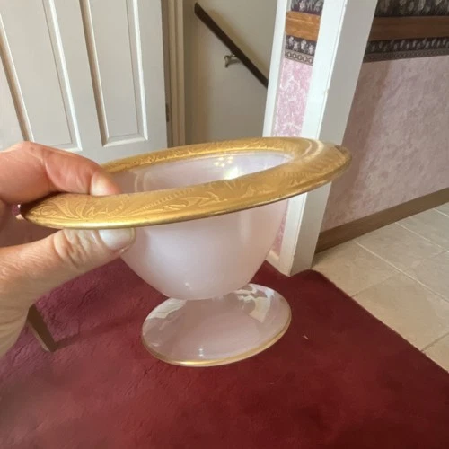 Pink Depression Glass Compote Bowl w/rolled etched gold painted rim, pedestal