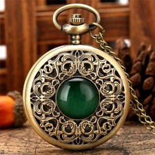 Bronze Tone Green Stone Engraved Quartz Pocket Watch White Dial with Chain Gifts