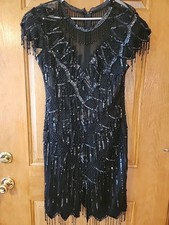 Vtg Lawrence Kazar Dress Size Medium Black Silk Beaded Formal Evening Dress