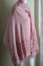 Estate as is Ethnic Finely Woven PINK WOOL Embroidered Shawl Wrap Scarf 72x25
