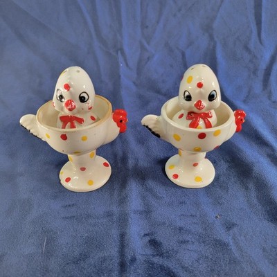 Vintage Ceramic Chick Salt Pepper Shakers Polka Dot Egg Cup Novelty Set