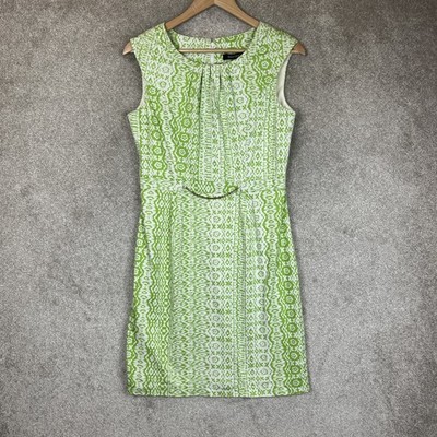 Ellen Tracy Dress Womens 6 Green White Ikat Print Sleeveless Chain Detail- 3593
