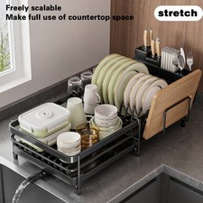 Extendable Pull-out Dish Drying Rack Kitchen Cabinet Organizer w/ Draining Tray