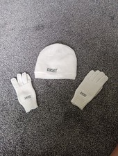 DKNY Beanie And Mitten Set- Creme White- Black Lettering Accents