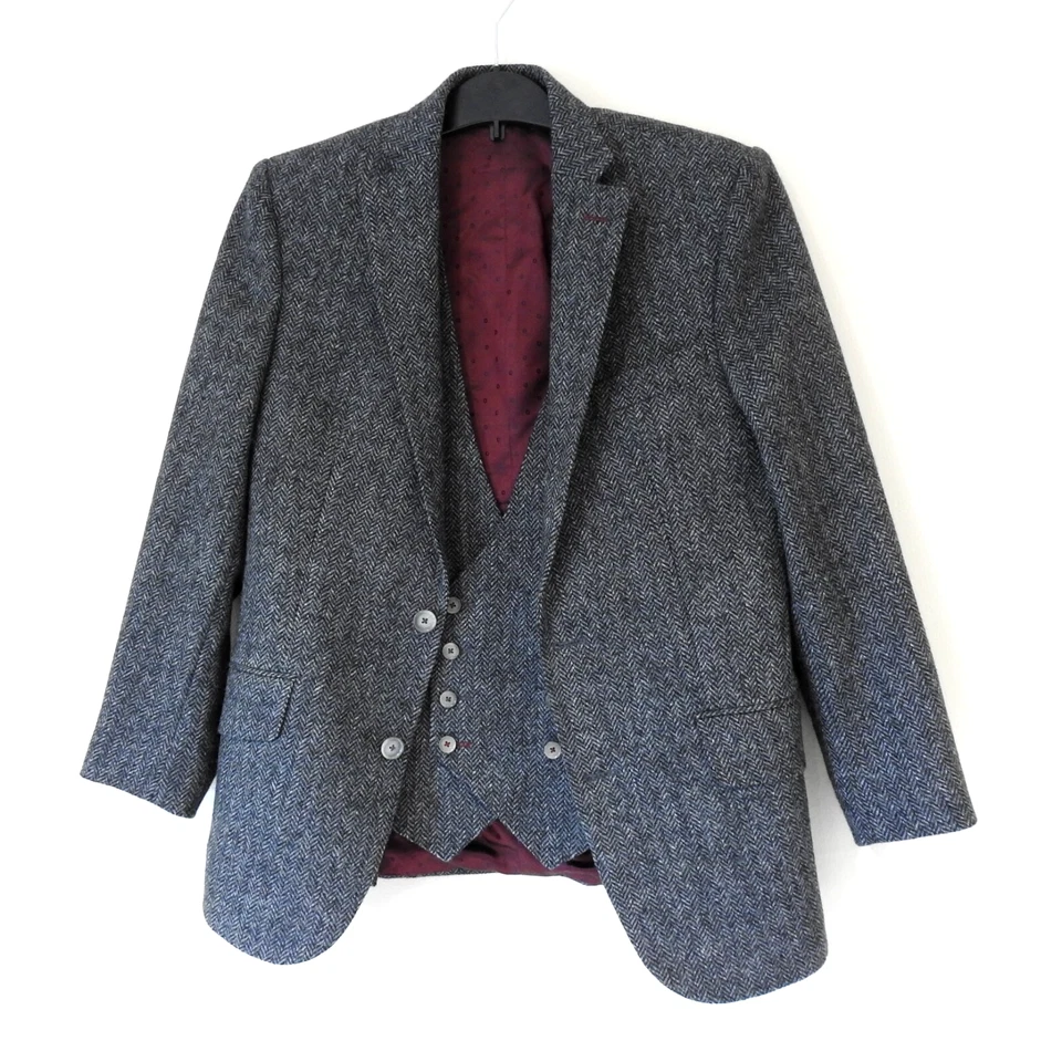 Dapper Fox Herringbone Tweed Blazer and Waistcoat 36 R Grey Moon Shetland Wool - Image 2 of 4