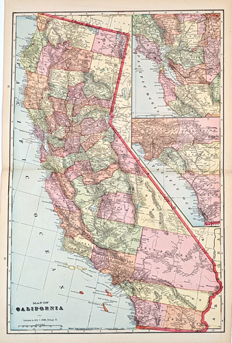 1908 CALIFORNIA State Map ORIGINAL (20x13) County Townships Railroads ...