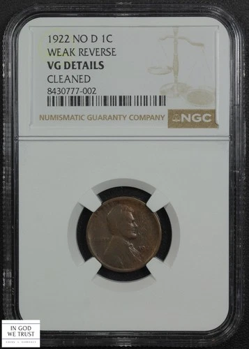 1922 No D Weak Reverse Lincoln Wheat Copper Cent 1C NGC VG Details - Cleaned