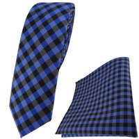 Schmale Tigertie Krawatte + Einstecktuch In Royal Marine Blau Anthrazit Kariert