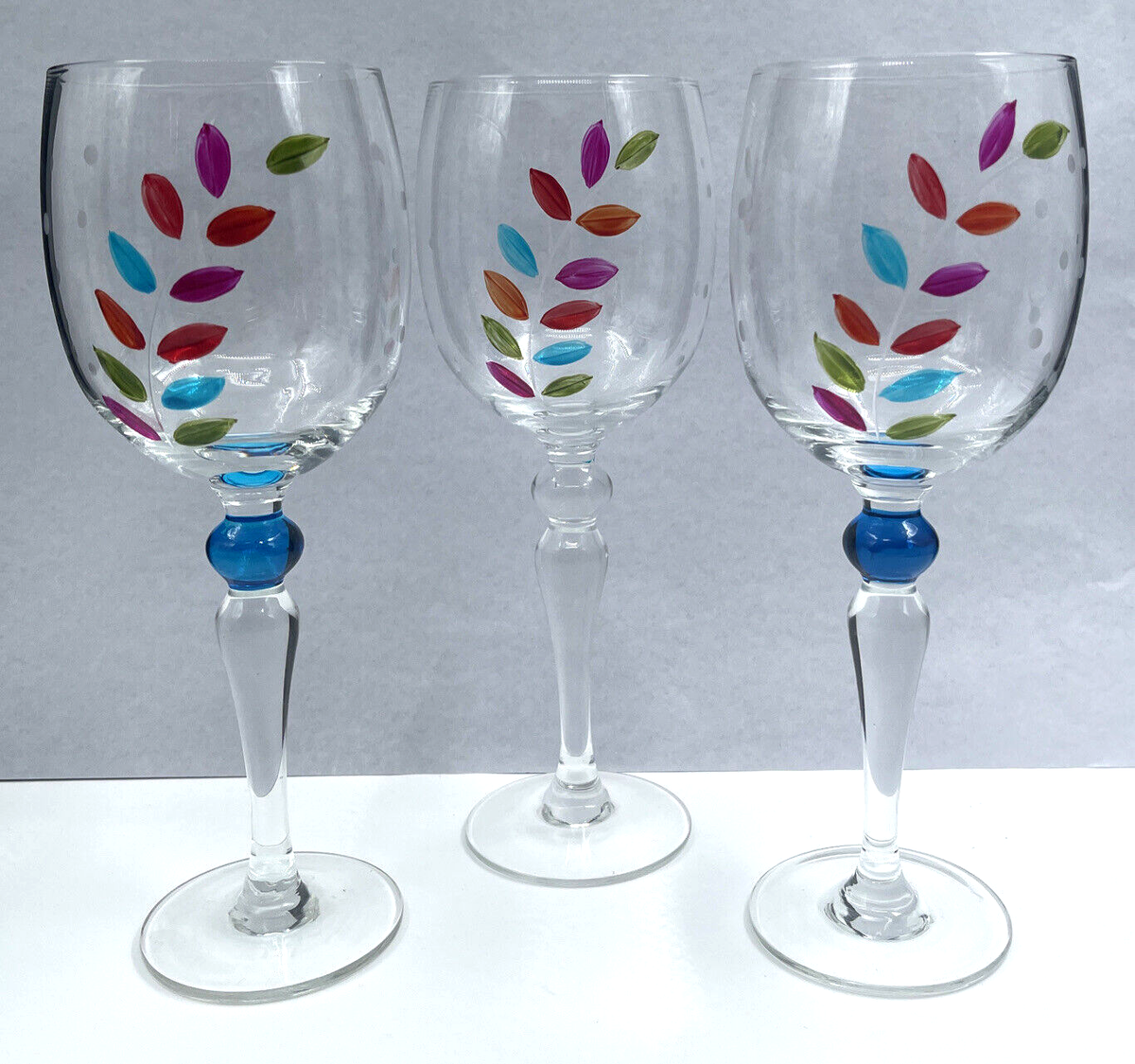Set of 3 Large Wine Glasses Multi-Color Leaves Hand Painted Etched Dots 9  16 oz | eBay