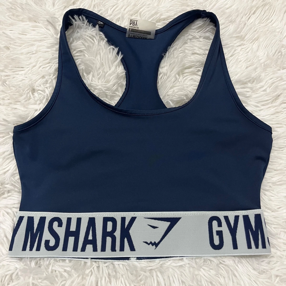 GYMSHARK BLUE SPORTS BRA SMALL NAVY GRAY RACERBACK LOGO BAND WORKOUT LIFT  SPORT