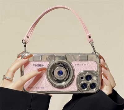 NEW Pretty Pink Camera Retro Phone Case Cute iPhone 14 NWT Strap Included