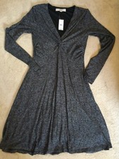 LOFT Soft Rayon Sweater Dress Sz XS Heathered Black V Neck Long Sleeves NWT $69