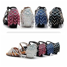 Girls Dance Dress Shoes Low Heel Sandals Tassel Rhinestone Ballroom Latin Modern