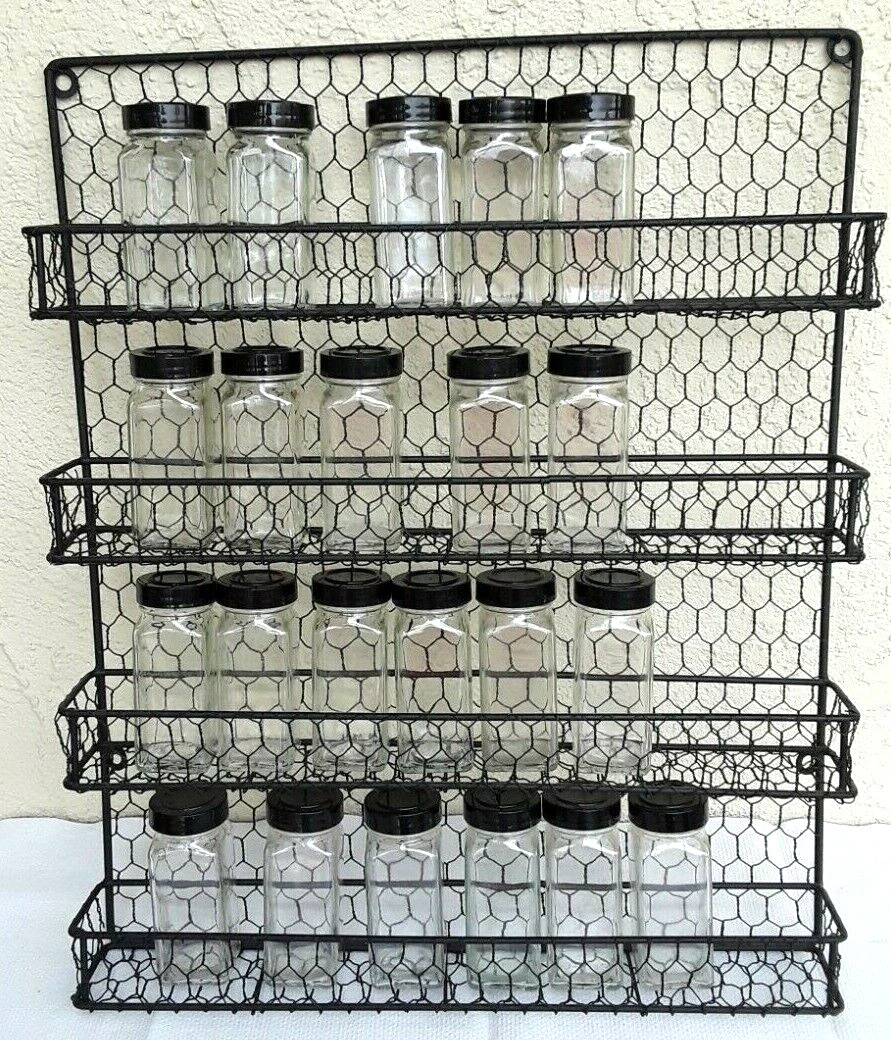 Wall Hanging Rack Organizer Black Chicken Wire 4 Shelves & 22 Empty Bottles VGC
Opens in a new windo
