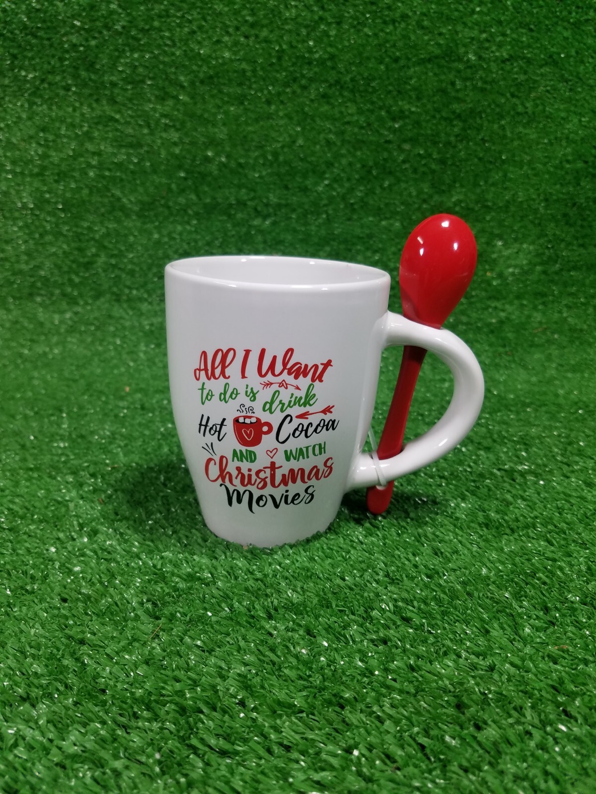 Festive 11 oz Christmas Hot Cocoa Mug with Red Ceramic Spoon  