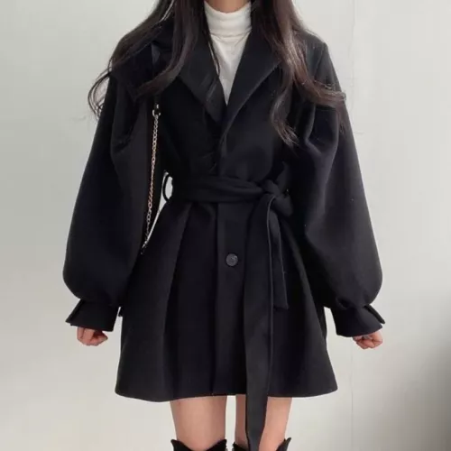 Women's Woolen Coat Autumn Winter Mid Length Lapel Belt Jacket Elegant Outwear - Picture 5 of 16