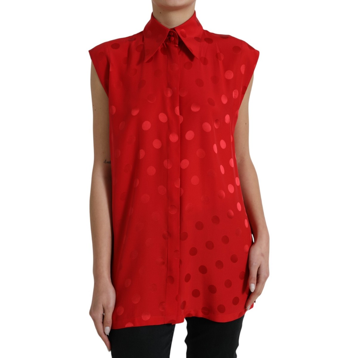 DOLCE & GABBANA Top Blouse Red Polka Dot Sleeveless Collared IT40