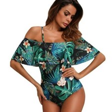 Women's Bandeau Flounce Front Ruched Full Coverage One Piece Swimsuit Medium