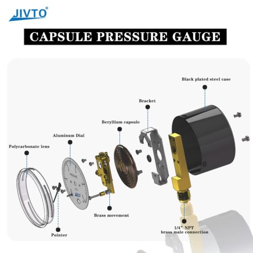 JIVTO Low Capsule Pressure Gauge 1/4 NPT Bottom connetion 5 psi ,brass internal - Picture 2 of 8