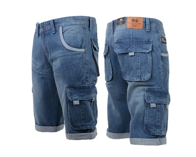 Mens Crosshatch Denim Twill 3/4 Cargo Shorts Summer Jeans Cargo