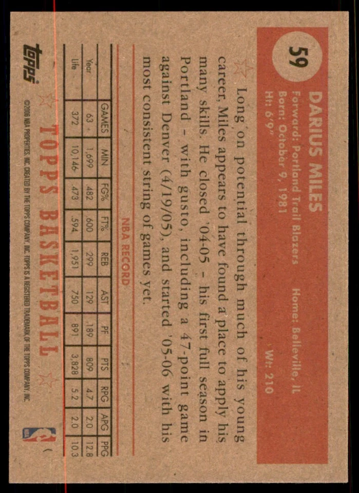 2005-06 Topps 1952 Style Darius Miles Basketball Cards #59 - Image 2 of 2