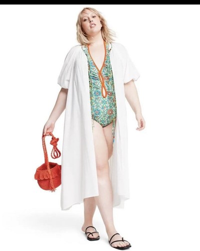 Women's Tie-Front Puff Sleeve Cover Up Dress - RHODE White XXL Pool Beach - Picture 3 of 5