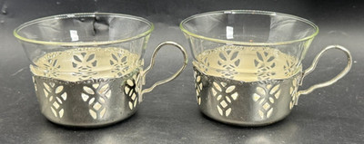 2 Schott Mainz JENA-er GLAS Glass Tea Coffee Cups with Silverplate Holders