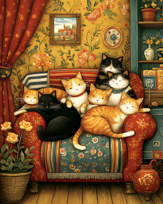 8x10 Cozy Storybook Group of Cats Sitting on Couch Art Print - 771406534