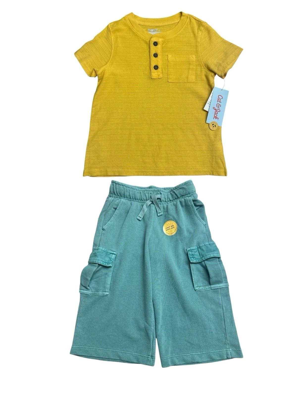 NWT Cat & Jack Toddler 3t Yellow Ribbed T-Shirt Henley & Green Knit Cargo Pants