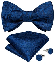 Mens Bowtie Selftied NavyBlue Paisley Bow Tie Set Wedding Event Hankie Cufflinks