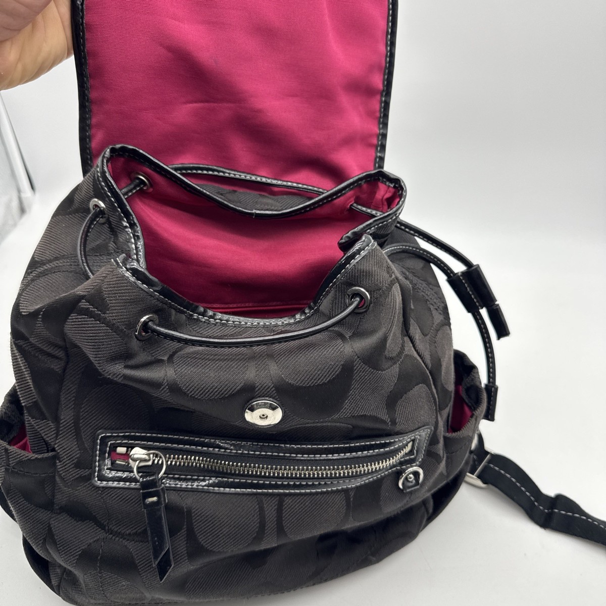 Coach F16548 Signature Black Nylon Backpack Drawstring Flap Pink 