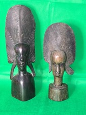 Hand Carved Ebony Wood African Tribal Folk Art Busts Nigerian/ Kenya - 9&11 ins