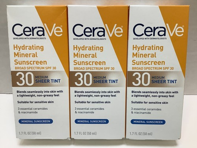 #ad CeraVe Hydrating Mineral Sunscreen SPF 30 Medium Sheer Tint Exp. 08 2026 3pk $19.95
