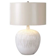 Fat Round Distressed Ivory Ceramic Ribbed Table Lamp 23 in Modern Champagne