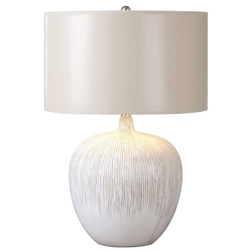 Fat Round Distressed Ivory Ceramic Ribbed Table Lamp 23 in Modern Champagne - Picture 1 of 6