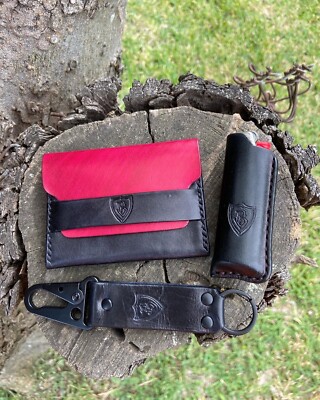 Oxblood Minimalist Card Holder Wallet/Black Leather BIC Lighter Cover+Keychain
